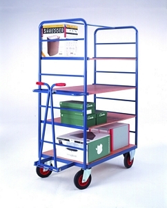 4 Tier Shelf Truck 1780Hx1200Lx800L with Drawbar handle Shelf Trolleys with plywood Shelves & roll cages 43/5 Shelf trolley with handle.jpg